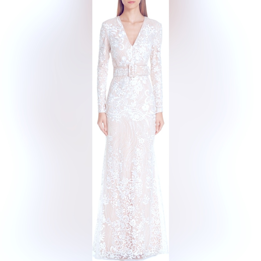 BADGLEY MISCHKA COLLECTION embroidered belted Gown